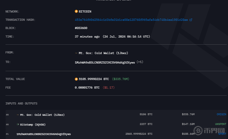 门头沟Mt. Gox将3.35亿美元的比特币转移到Bitstamp相关钱包地址